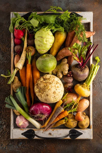 Assortimento Verdure Ortaggi Radice Vassoio Legno Raccolta Autunnale Cibo Sano — Foto Stock