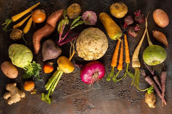 Zöldségek Gyökérzöldségek Választéka Texturált Háttérrel Őszi Szüret Egészséges Étel Vegetáriánus — Stock Fotó