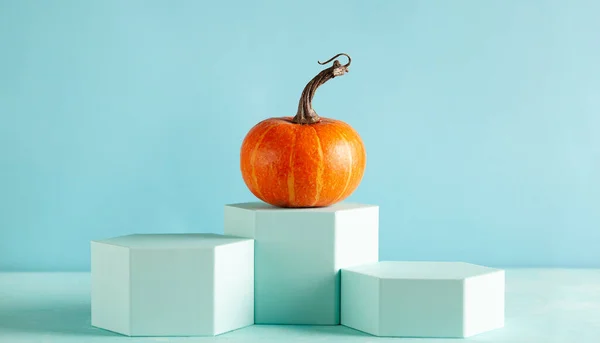 Kleiner Orangefarbener Kürbis Auf Pastellblauem Podium Mit Kopierraum Konzeptfeier Halloween — Stockfoto