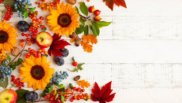 秋天的构图 用向日葵 树叶和浆果装饰在白色的木制桌子上 平躺在地上 复制空间 秋收或感恩节的概念 — 图库照片