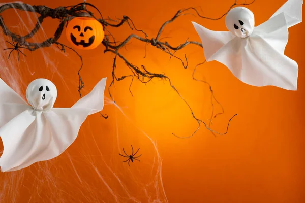 Halloween Ghosts Funny Pumpkin Orange Background Happy Halloween Holiday Concept — Stock Photo, Image