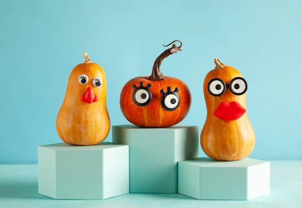 Funny Pumpkins Faces Pastel Blue Background Copy Space Concept Celebration — Stock Photo, Image