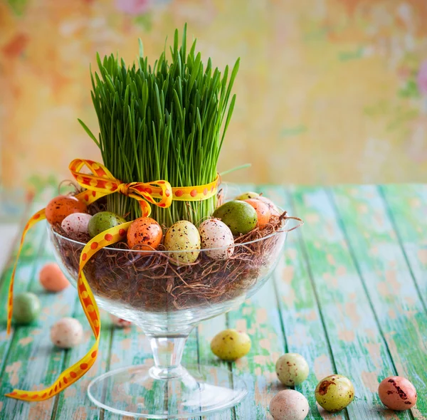 Osterkomposition mit Gras — Stockfoto