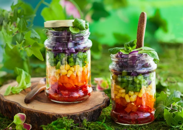 Rainbow salad in a glass jars — Stock Photo, Image