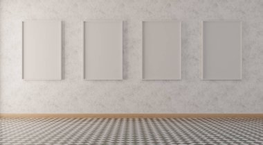 Dört dikey beyaz çerçeve, ahşap çerçeve ve kırmızı duvardaki sandalyeler, üç boyutlu illüstrasyon