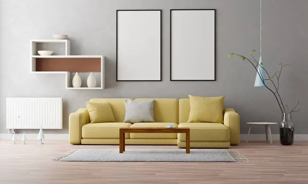 Two Mock Posters Retro Furniture Nordic Interior Design Illustration Stock Photo