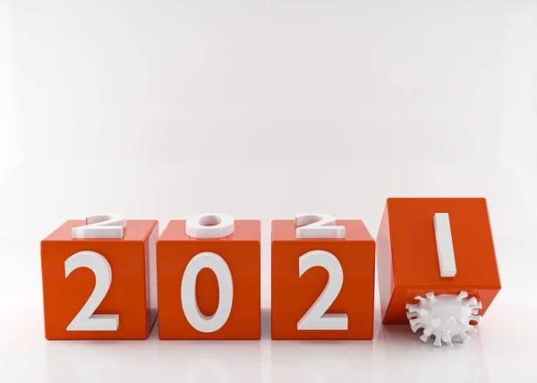 Mutlu yıllar 2021. 2020 Coronavirus konseptinin sonu. 3D görüntüleme. 3d illüstrasyon