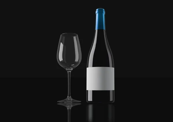 Botella Vino Tinto Una Copa Vidrio Fondo Oscuro —  Fotos de Stock