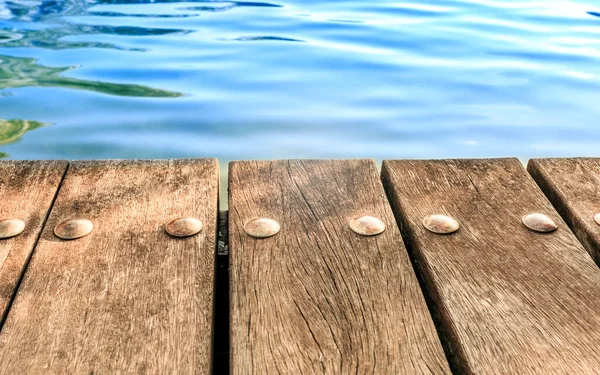 Empty Wooden Deck Table Blurry River Background Can Used Mockup — Stock Photo, Image