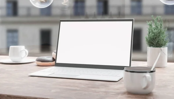 Computador Portátil Genérico Xícara Café Descansando Sobre Mesa Madeira Tela — Fotografia de Stock