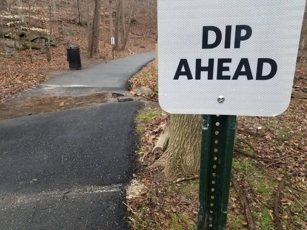 Plonger Signe Avant Sur Chemin Sentier Avec Eau Dans Forêt — Photo