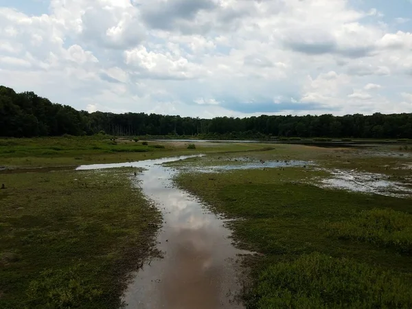Río o arroyo en humedal o pantano con nubes — Foto de Stock
