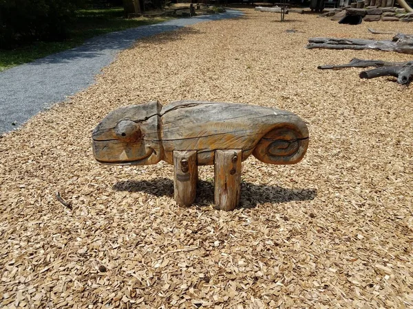 Geschnitzte hölzerne Eidechsenbank auf Spielplatz — Stockfoto