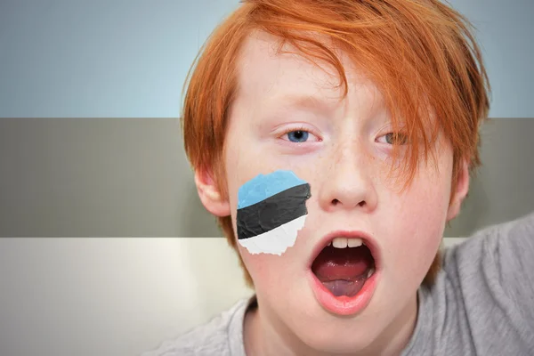 Roodharige fan jongen met de Estse vlag geschilderd op zijn gezicht — Stockfoto