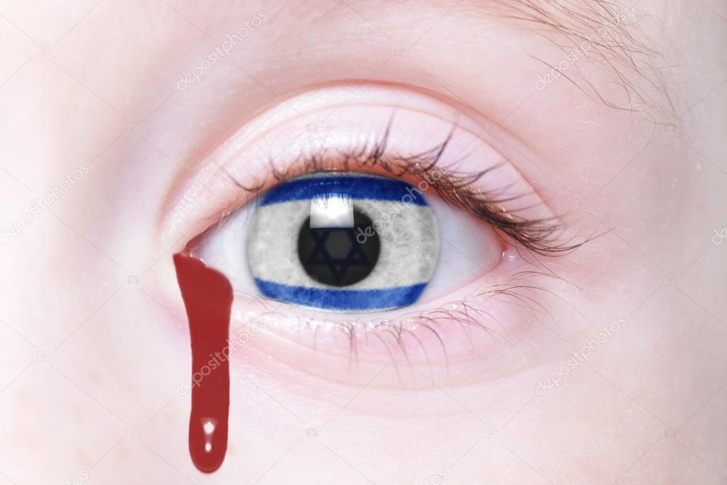 human's eye with national flag of israel with bloody tears