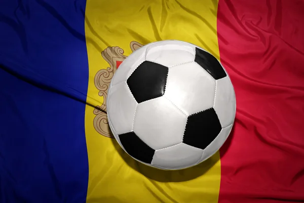 Zwartwit Voetbal bal op de nationale vlag van andorra — Stockfoto