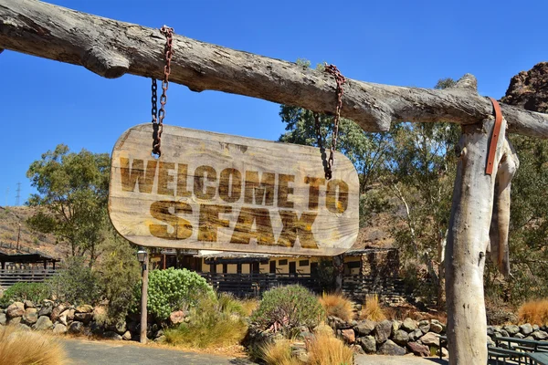 Old vintage wood signboard with text " welcome to Sfax" hanging on a branch — Stock Photo, Image