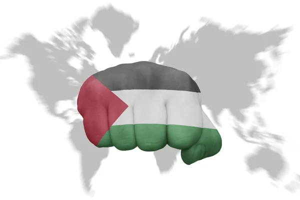 Fist with the national flag of palestine on a world map background — Stock Photo, Image