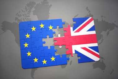 İngiltere ve Avrupa Birliği ulusal bayrak dünya harita arka plan üzerinde ile bulmaca. brexit kavramı