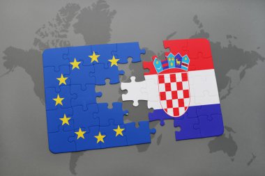 Hırvatistan ve Avrupa Birliği'nin ulusal bayrak dünya harita arka plan üzerinde ile bulmaca.