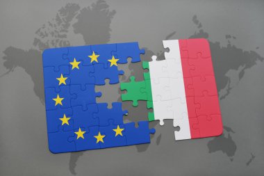 puzzle with the national flag of italy and european union on a world map background. clipart