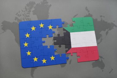 Kuveyt ve Avrupa Birliği ulusal bayrak bir dünya haritası üzerinde ile bulmaca