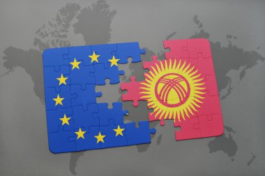 Kırgızistan ve Avrupa Birliği'nin ulusal bayrak bir dünya haritası üzerinde ile bulmaca