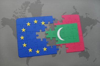bir dünya haritası üzerinde Maldivler ve Avrupa Birliği'nin ulusal bayrakla bulmaca