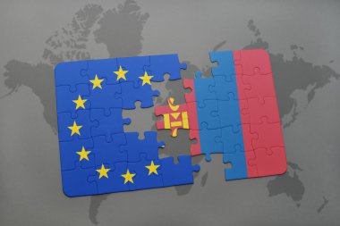 Moğolistan ve Avrupa Birliği'nin ulusal bayrak bir dünya haritası üzerinde ile bulmaca