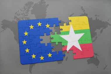 myanmar ve Avrupa Birliği'nin ulusal bayrak bir dünya haritası üzerinde ile bulmaca