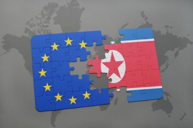 Kuzey Kore ve Avrupa Birliği ulusal bayrak bir dünya haritası üzerinde ile bulmaca