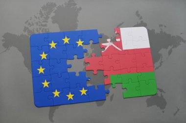 Umman ve Avrupa Birliği'nin ulusal bayrak bir dünya haritası üzerinde ile bulmaca