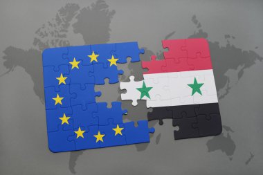 Suriye ve Avrupa Birliği ulusal bayrak bir dünya haritası üzerinde ile bulmaca
