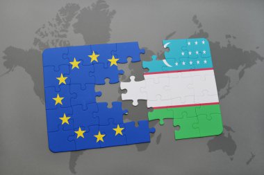 Özbekistan ve Avrupa Birliği'nin ulusal bayrak bir dünya haritası üzerinde ile bulmaca