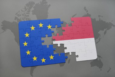 Endonezya'da ve Avrupa Birliği ulusal bayrak bir dünya haritası üzerinde ile bulmaca