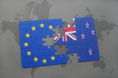 Yeni Zelanda ve Avrupa Birliği'nin ulusal bayrak bir dünya haritası üzerinde ile bulmaca