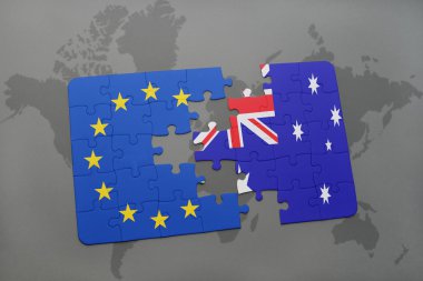 Avustralya ve Avrupa Birliği ulusal bayrak bir dünya haritası üzerinde ile bulmaca