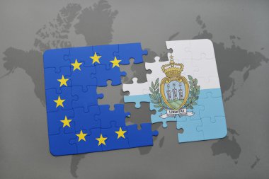 bir dünya haritası arka plan üzerinde san marino ve Avrupa Birliği ulusal bayrağı ile bulmaca.