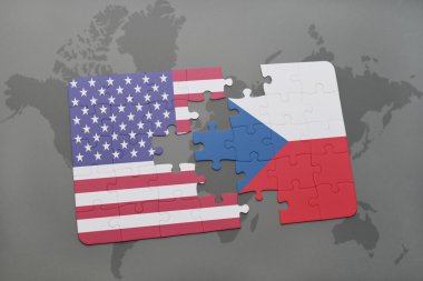 bir dünya haritası arka plan üzerinde Amerika ve Çek Cumhuriyeti birleşik devletleri ulusal bayrağı ile bulmaca