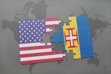 Amerika Birleşik Devletleri ve madeira dünya harita arka plan üzerinde bayrağı ile bulmaca