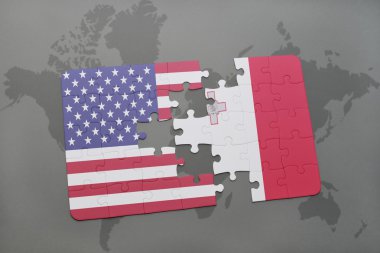 Amerika Birleşik Devletleri ve malta dünya harita arka plan üzerinde bayrağı ile bulmaca