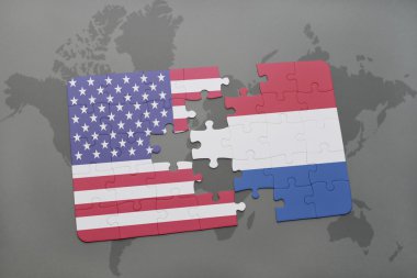 İngiltere ve Hollanda ulusal bayrak dünya harita arka plan üzerinde ile bulmaca