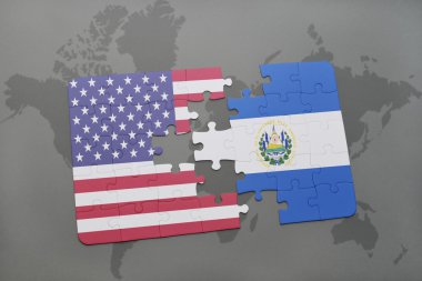 Amerika Birleşik Devletleri ve el salvador dünya harita arka plan üzerinde bayrağı ile bulmaca