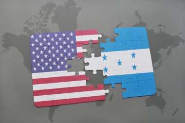 Amerika Birleşik Devletleri ve honduras ulusal bayrak dünya harita arka plan üzerinde ile bulmaca