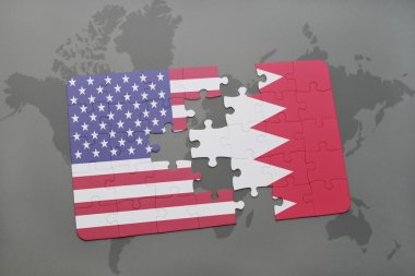 Amerika Birleşik Devletleri ve Bahreyn dünya harita arka plan üzerinde bayrağı ile bulmaca