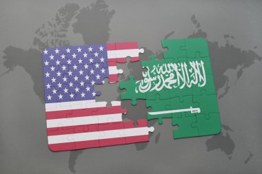 Amerika Birleşik Devletleri ve Suudi Arabistan ulusal bayrak dünya harita arka plan üzerinde ile bulmaca