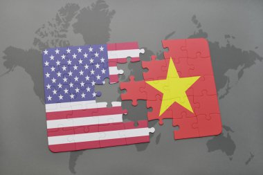 Amerika Birleşik Devletleri ve vietnam ulusal bayrak dünya harita arka plan üzerinde ile bulmaca