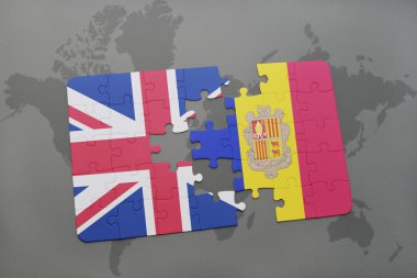 Büyük Britanya ve andorra dünya harita arka plan üzerinde bayrağı ile bulmaca