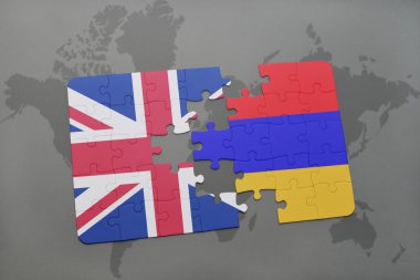 Büyük Britanya ve Ermenistan Ulusal bayrak dünya harita arka plan üzerinde ile bulmaca