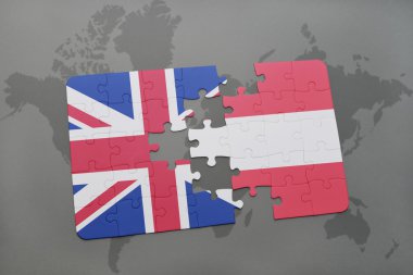 İngiltere ve Avusturya ulusal bayrak dünya harita arka plan üzerinde ile bulmaca